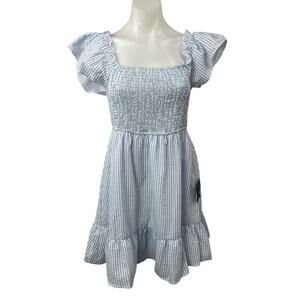 Lulus Blue Stripe Smocked Ruffle Flutter Short Sleeve Mini A-Line Dress Size L